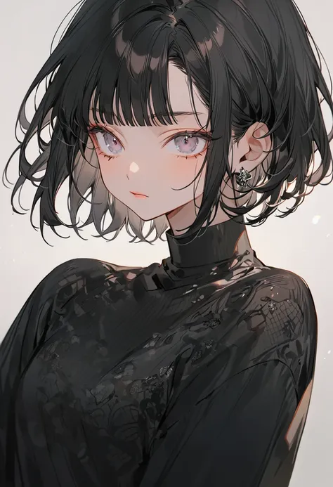 Boyish beautiful girl，Black very short hair,Black hair bangs, Wearing a black silk shirt，