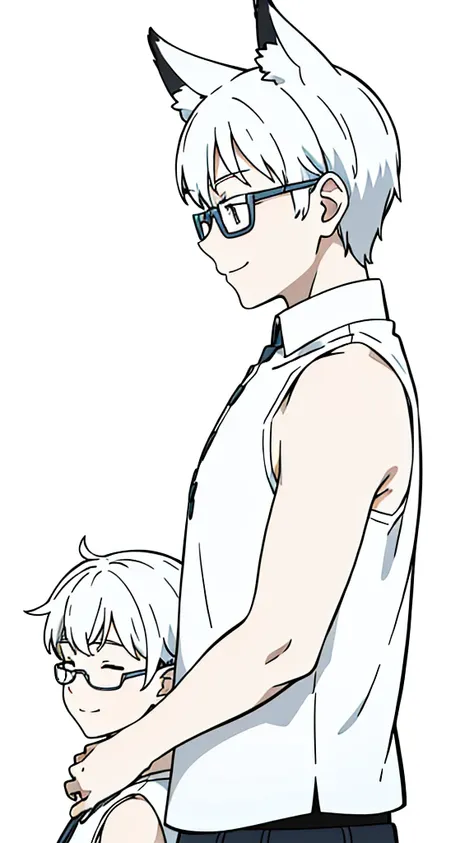 (1boy,10 years old,kid),solo,happy,white hair,short hair,fox ears,white shirt,sleeveless,upper body,(white background,line drawing),white glasses,profile,smile,closed eyes,separated lips