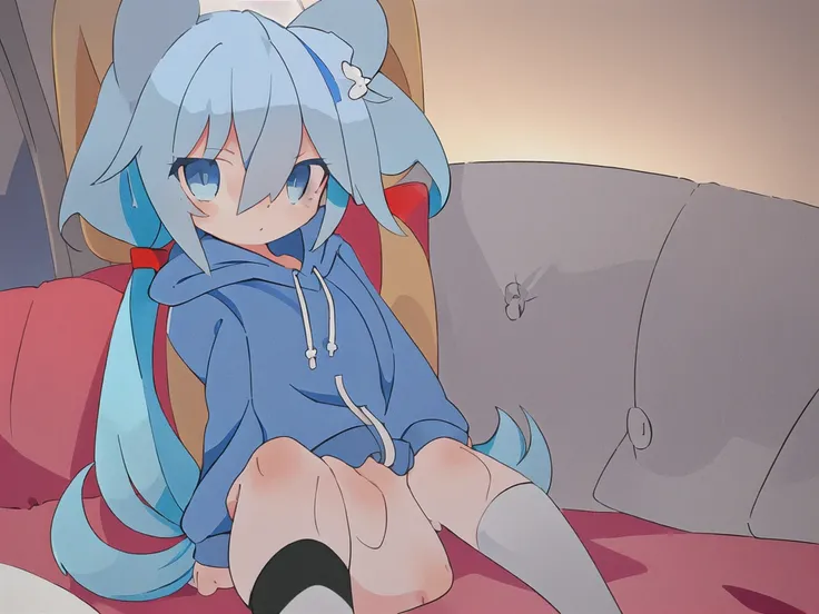 Gorgeous female photo, best quality, best work, best details, white hair, messy hair, twintails, ocean blue eyes, chibi, blue hoodie, shiny white star in hoodie, long sleeves, wearing a hoodie, white skirt, long blue socks, bedroom, sofa, gaming