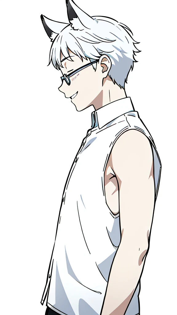 (1boy,10 years old,kid),solo,happy,white hair,short hair,fox ears,white shirt,sleeveless,upper body,(white background,line drawing),white glasses,profile,smile,closed eyes,open mouth