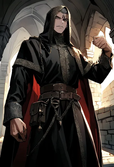 stylish man, monge, murderous, with black coat, medieval style.