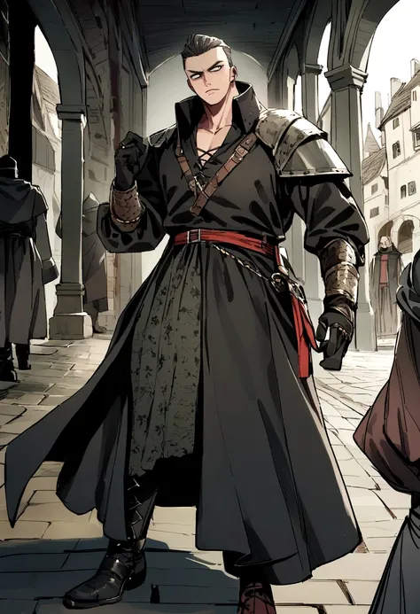 stylish man, monge, murderous, with black coat, medieval style.