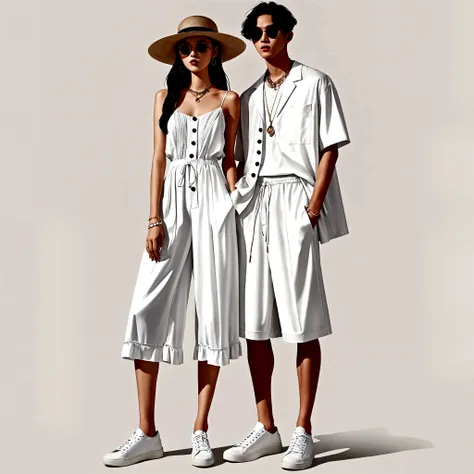 candid fashion illustration of young Asian man and woman, both aged 20 year old, ((showcase fashion look book in a White rayon outfits)), inspired by Zaras resort collection 2020 in elegant young bohemian style. The man wears an oversized short-sleeved bow...