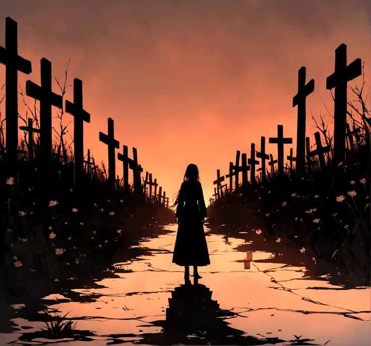 "Create an image of several funeral crosses by the side of a deserted road. The crosses are simple, weathered, and wooden, some adorned with wilted flowers and tattered ribbons. The scene is set during twilight, with a dim, orange-pink sky casting long sha...