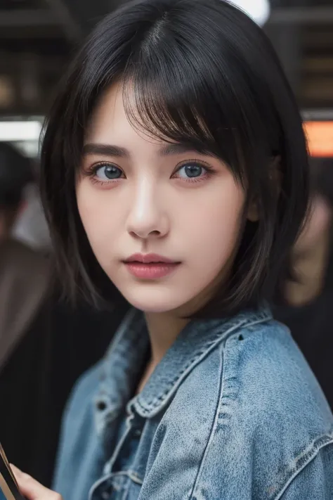 (award winning, 8k, super detailed, high resolution, best quality, photography, portrait), 1girl, solo, beautiful girl, beautiful eyes, detailed eyes, (black eye), jean coat, (short hair), black hair, at train station, POV, ((upper body))