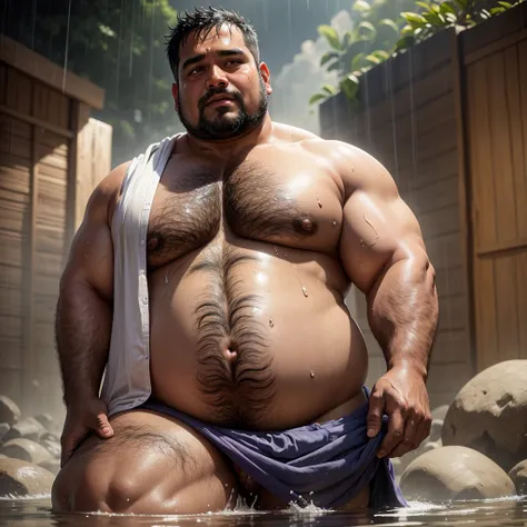 Priest, Brahmin, Indian, fat man, Chubby, 50 years old, shirtless, shirt off, shirtless, wet from the rain.