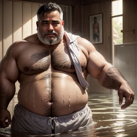 Priest, Brahmin, Indian, fat man, Chubby, 50 years old, shirtless, shirt off, shirtless, wet from the rain.