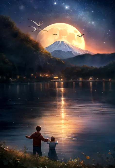 Very starry night. A huge moon behind the mountain. A peaceful lake reflects the night. The sunset is accompanied by flying cranes. cenas realistas, detail, fotorrealism, 8K