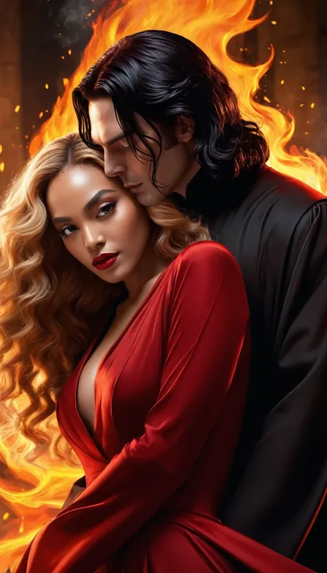 
- Scene: Create an image of two people in love in a setting of mystery and passion.
  
- Womans Appearance:
  - Resembles Beyoncé
  - Brown skin
  - Long, golden blonde curly hair
  - Confident and seductive expression
  - Wearing a red dress, elegant and...