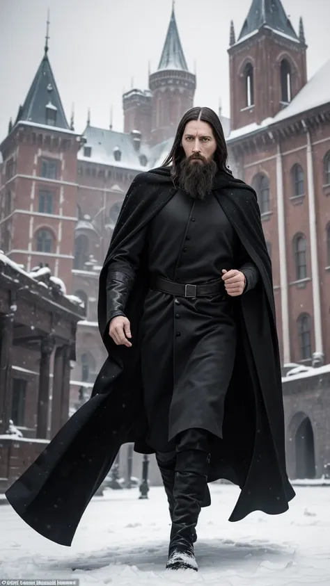 Rasputin bound and being dragged, showing determination and resistance, December 1916, wearing his dark robe, through a snow-covered palace courtyard, with the palace looming in the background, wide shot, hyper-realistic, photo realism, cinematography. Cam...