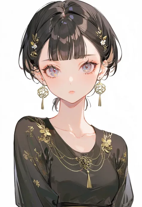 Boyish beautiful girl，Black very short hair,Black hair bangs, Wearing a black silk shirt，