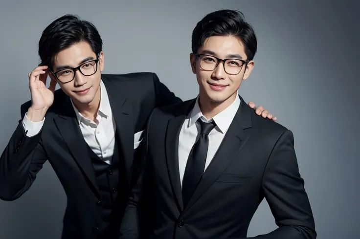 A handsome Asian man in his 20s is standing in a black horn-rimmed glasses and a suit. He is smiling broadly. I cant see his hands.