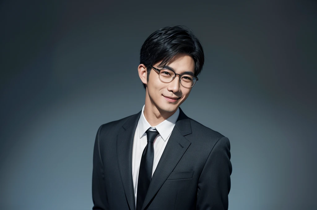 A handsome Asian man in his 20s is standing in a black horn-rimmed glasses and a suit. He is smiling broadly. I cant see his hands.