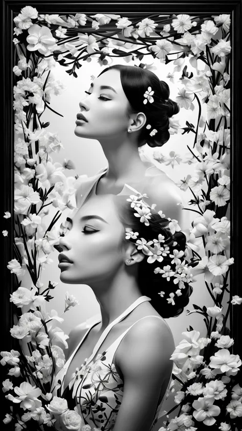 The flowers on both sides form a frame.　額の中にはcoolとライバルの入った女性　glamorous　cool　Women are black and white but flowers are vibrantly colored　Best Quality, Masterpiece, Ultra High Resolution, (Realisticity: 1.4), Original Photo, Cinematic Lighting