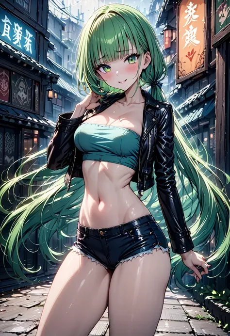 ((masterpiece,Highest quality:1.3)),cowboy shot,1woman、30-year-old beautiful detective、独奏,((very small head:1.5)),green hair,(low ponytail),long hair,blunt bangs,green eyes,gorgeous eyes,shy,smile,medium breasts,((very long body:1.3)),(toned body,slender b...