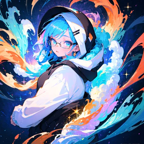 masterpiece, best quality, 1girl, blue hair, medium hair, hoodie, hood up, glasses, jewelry dynamic, colorful, cloudy sky, sparkle, sparkling, glitter, glittering, iridescent, swirl, swirling, abstract, expressive