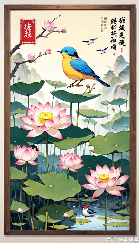 there is a poster with a picture of a lotus flower and a bird, by Miao Fu, by Jin Nong, heise jinyao,