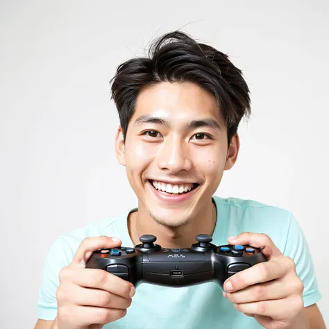 male　youth　university student　japanese　a refreshing look　a big smile　holding a game controller in hand　exciting　looking at the c...