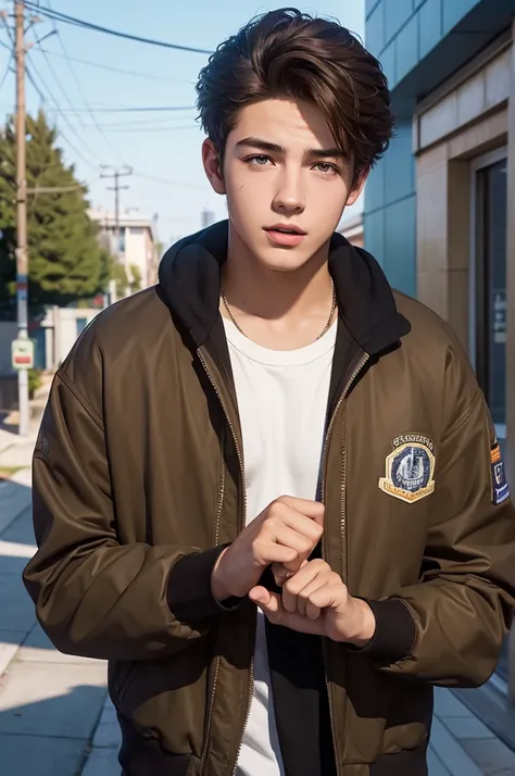 Create an image of a male teenager, looking between 16 and 18 years old, brownhair, Caucasian skin, brown dark eyes, wearing school jacket written "Crawford". The image must have the style of a digital illustration inspired by the environments of GTA V. Yo...