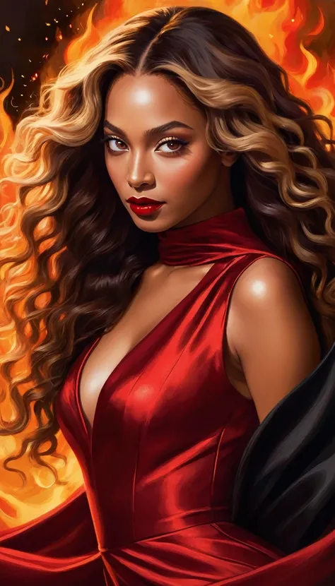 
- Scene: Create an image of two people in love in a setting of mystery and passion.
  
- Womans Appearance:
  - Resembles Beyoncé
  - Brown skin
  - Long, golden blonde curly hair
  - Confident and seductive expression
  - Wearing a red dress, elegant and...