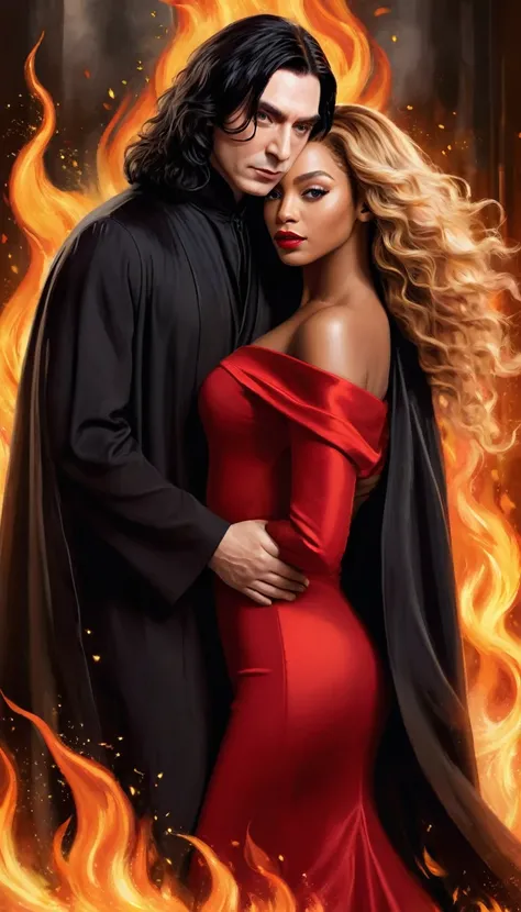 
- Scene: Create an image of two people in love in a setting of mystery and passion.
  
- Womans Appearance:
  - Resembles Beyoncé
  - Brown skin
  - Long, golden blonde curly hair
  - Confident and seductive expression
  - Wearing a red dress, elegant and...