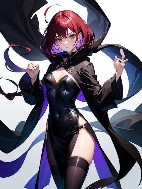 Wearing black tights,Robed, Black clothes, The skin is hidden, I was wearing long pants,cool,黒いRobed, Toned body, Wine red hair, one big woman,Updo, Nervous,Cowboy Shot, sketch (Character design sheet, same characters, whole body, Three-View, front, ~ ~ ~ ...