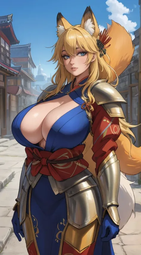 (fox girl:1.2), (solo:1.2), (pixiv masterpiece:1.2), (metal armor kimono:1.2), (medieval fantasy town:1.0), (huge tits:1.2)