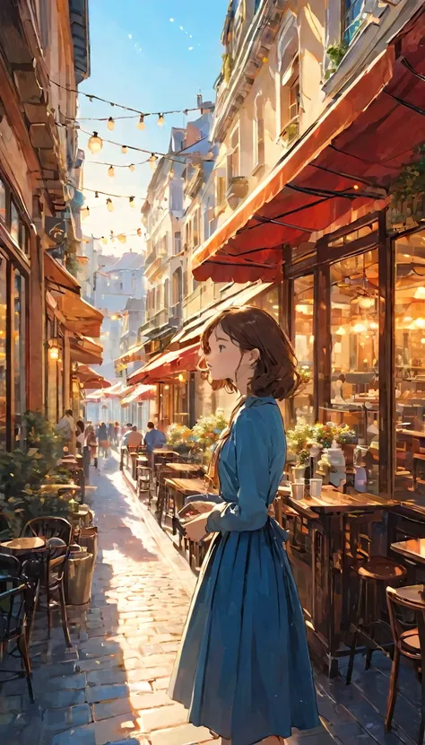 finely detailed illustration, best quality, masterpiece, vibrant color,High resolution、８ｋ、Beautiful girl、One Girl, Highest quality, masterpiece, so beautiful, Perfect composition, Intricate details, Cafe photo, sunny, architecture, Busy Street, super high ...