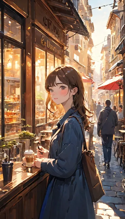 finely detailed illustration, best quality, masterpiece, vibrant color,High resolution、８ｋ、Beautiful girl、One Girl, Highest quality, masterpiece, so beautiful, Perfect composition, Intricate details, Cafe photo, sunny, architecture, Busy Street, super high ...