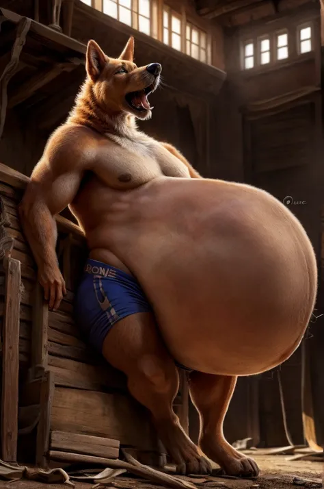 a solo lean male canine, enormous stomach massively distended from having swallowed multiple prey whole, huge open maw, gargantuan bulging gut, hyper endowment bulge, plantigrade legs, hyper penis erection, hyper realistic, cinematic lighting, highly detai...