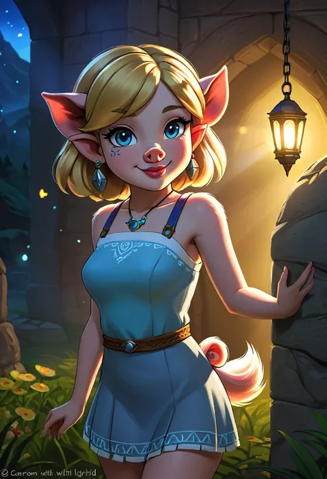 Create an illustrated, hand-drawn, full-color image of an  humanoid, hybrid, anthropomorphic, pig girl. The artwork should be rendered in the style of "Breath of the Wild," featuring warm lighting and shadows. Include graphite shading, stencil marks, and a...