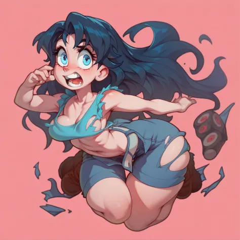 a curvy blue-eyed girl with long wavy black hair, small breasts, nudity, torn tanktop, tits out, hyper detailed, vivid colors, Ralph Bakshi style