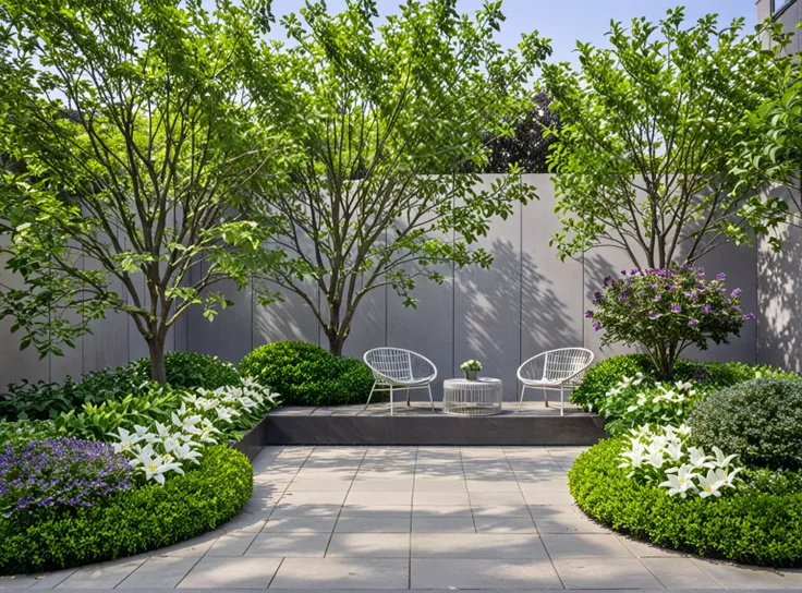 qlcd,tingyuan,no humans,scenery,tree,outdoors,bench,flower,chair,plant,day,shadow,This picture shows a modern style outdoor rest area. There is a circular table in the center of the area,on which a bunch of white lilies are placed. Four white mesh chairs w...