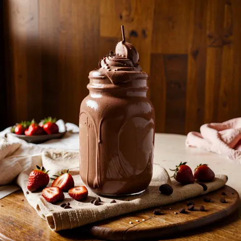 One chocolate and strawberry milkshake. Beautiful and elegant. At a clean restaurant table 