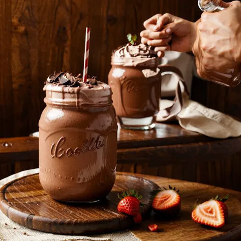 one chocolate and strawberry milkshake. beautiful and elegant. at a clean restaurant table