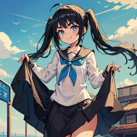 Young girl with black hair, long twintail,  twintail hairstyle, (blue eyes),, ((small bushy eyebrows)), wearing gothic lolita clothing, lolicon , walking to school, flirty smile, , lifting her skirt to show her vagina wet with semen