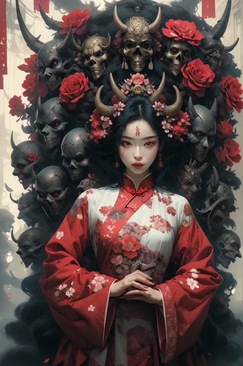 (masterpiece:1.2), best quality,pixiv,
1girl, flower, black hair, red eyes, hair ornament, hair flower, mask, looking at viewer, red flower, long sleeves, standing, red dress, holding, tattoo, wide sleeves, dress, own hands together, horns, skull, artist n...