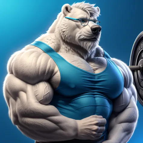 solo, 1boy, Huge Muscular old White Polar Bear wearing glasses, huge white fur, pectoral, huge pectoral, wide pectoral, short white hair, blue colored short pants, blue colored wristbands and blue colored tank top, white bearded, white Mustache, white fur,...