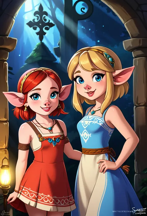 Create an illustrated, hand-drawn, full-color image of an  humanoid, hybrid, anthropomorphic, pig girl. The artwork should be rendered in the style of "Breath of the Wild," featuring warm lighting and shadows. Include graphite shading, stencil marks, and a...