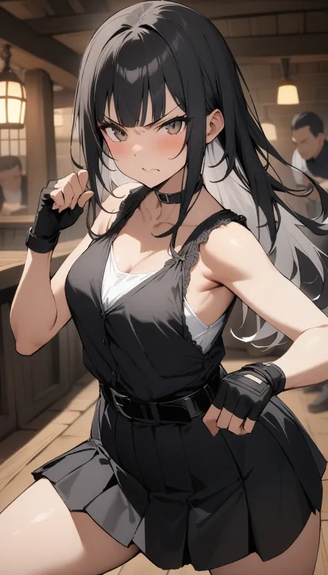 ((Highest quality)), ((masterpiece)), (detailed),cowboy shot , Rin々Policewoman　small breasts 　Mature Woman, Black sleeveless blouse with white inner camisole,Black choker,Black long hair　Blunt bangs　black pleated mini skirt　black fingerless gloves　V-shaped...