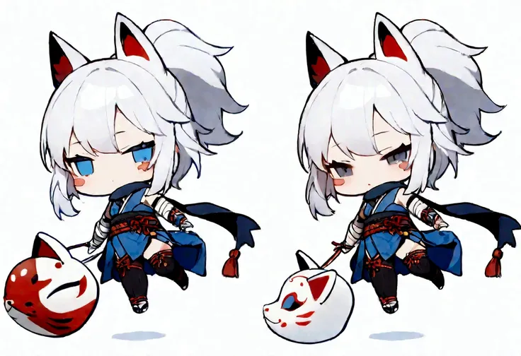 solo、1 person、whole body、Fall down、sleep、sleep、Stickers、White Gauntlet、chibi,No sleeve、Bleaching、(masterpiece, best quality:1.2), 1girl, 独奏,Wolf girl, fox mask, ninja, girl, white hair, odd eyes, blue kimono, ninja girl, red and blue scarf,Chibi Character、...