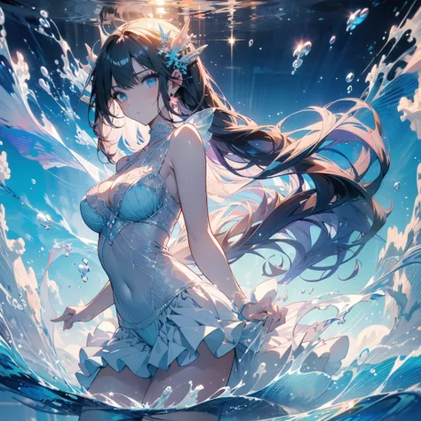 ((masterpiece, best quality)), delicate face， mermaid under the sea，whole body，standing picture，large breasts，gradient long wavy...