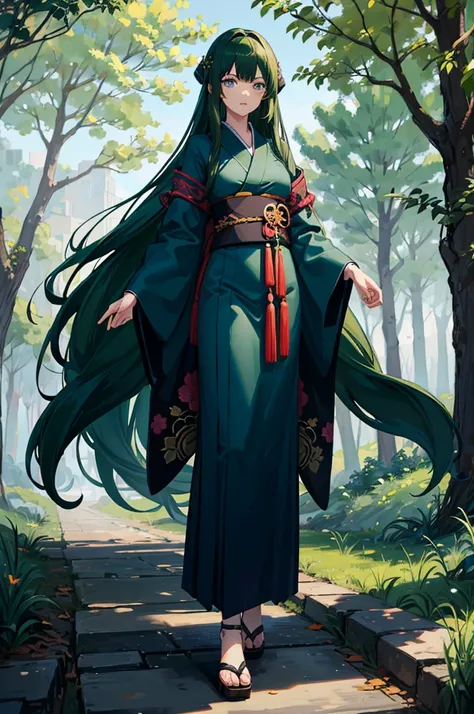 1woman, dark green hair, long hair, blue eyes, kimono, standing on ground, high res, ultra sharp, 8K, masterpiece