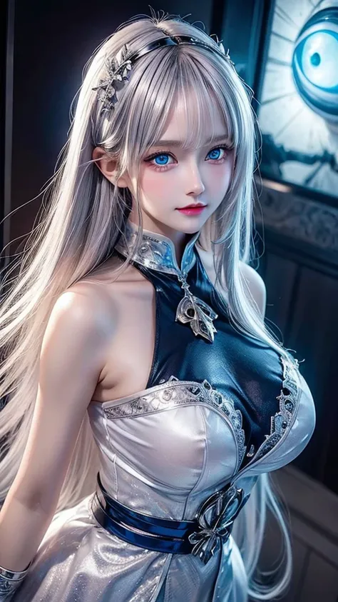 Dynamic Angle,Extremely detailed, illustration, close up, 1 Girl, (fantasy:1.4), (Blue eyes:1.233),Her eyes shone like dreamy stars,(Glowing eyes:1.233),(Beautiful and delicate eyes:1.1),(Silver Hair:1.14),(Messy hair),huge and sagging breasts, slim waist,