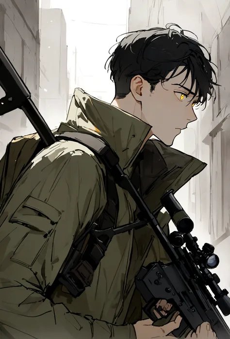 1 boy, yellow  eyes, Bblack hair, sniper, sniper, best qualityer, in jacket, 