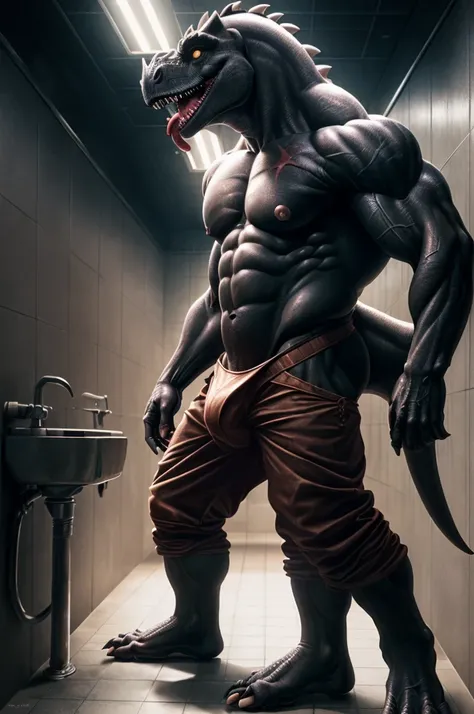 semi medium long penis flaccid foreskin, jet black tyrannosaurus (dino crisis dino stalker), mens thong down, inside public bathroom, (collective urinals metal walls), scars, veins, muscular, mens military pants fall unbuttoned, (soft shading), 4k, (pose:1...