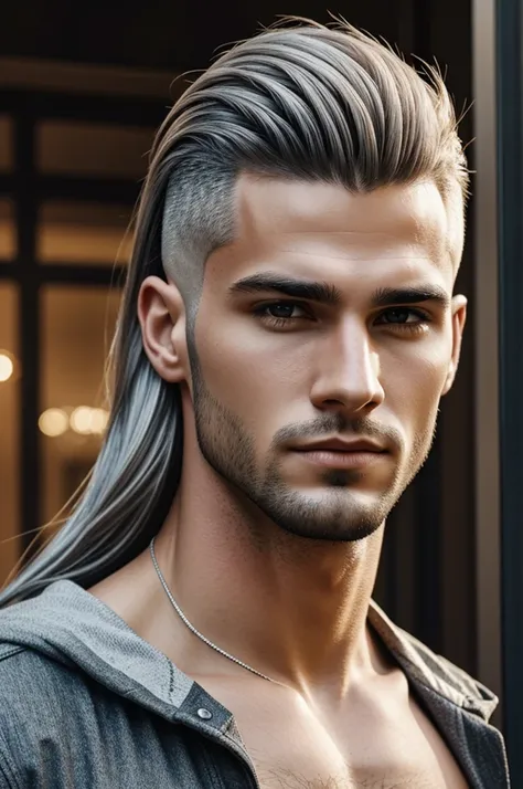 Realistic young male with long silver hair in a half shaved style