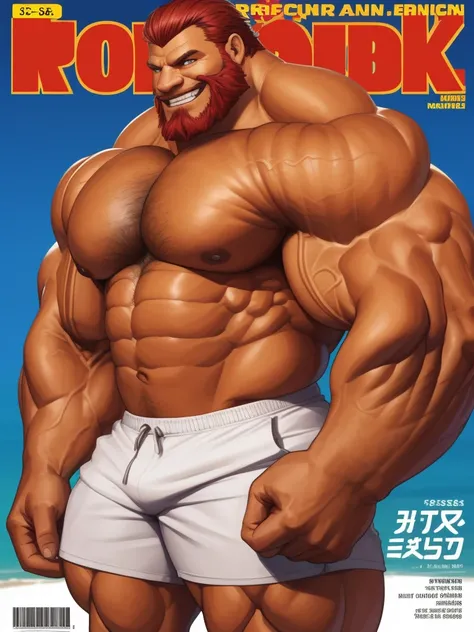 magazine cover. solo, 1boy, perfect anatomy, perfect proportion, smile, grinning, big eyes, happy. Huge Muscular Old man with short hair ,(white shorts), view from side, pectoral, thick arms, huge pectoral, wide pectoral, gold teeth, red hair, white beards...