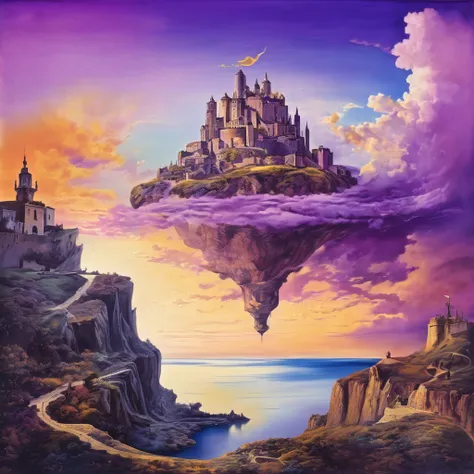 Castle floating in the sky seen from far away, panoramic and deep perspective, purple color pallette, colorful and beautiful sky with high contrast, surrealistic painting in Salvador Dali style