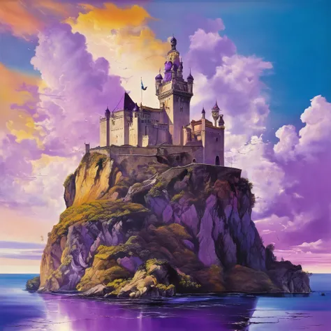 Castle floating in the sky seen from far away, panoramic and deep perspective, purple color pallette, colorful and beautiful sky with high contrast, surrealistic painting in Salvador Dali style